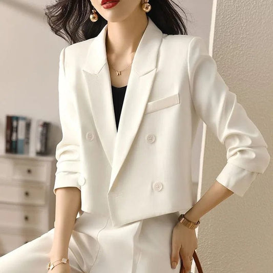 Beige / XL Women's Cropped Double-Breasted Blazer – Vintage Long Sleeve Office Suit Jacket