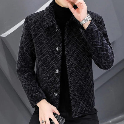 Black 1 / M (EUR XXS) 2023Men's short tweed jacket gold mink velvet tweed coat men's autumn and winter trend handsome thickened lapel jacket men