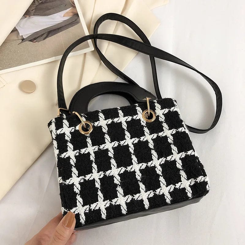 Black / 15X19X9cm Luxury Mini Square Vintage Plaid Woollen Clutch Cross Shoulder Handbag Purse