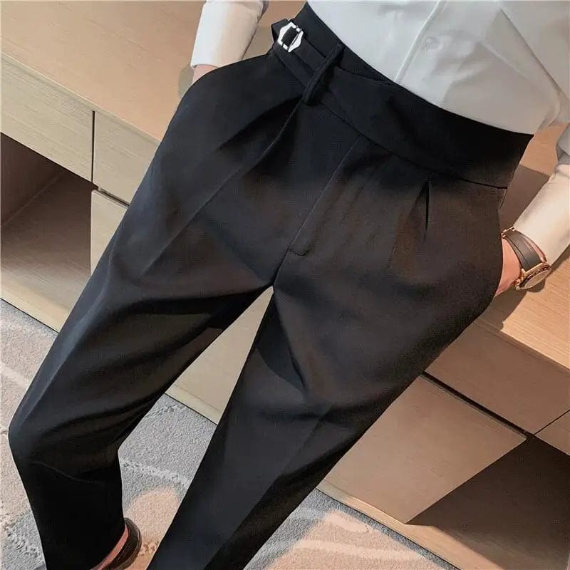 Black / 32 / CHINA British Style 2023 New High Waist Casual Pant Men Belt Design Slim Fit Suit Pants Office Social Wedding Party Formal Pants 29-36