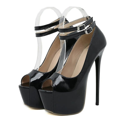Black / 35 Double Buckle Strap Platform Sandals for Women Sexy Peep Toe 16.5CM Super High Heels