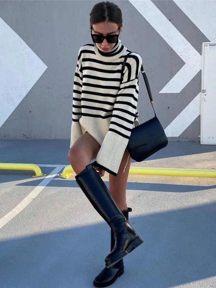 Black And White Stripe Sweater Streetwear Loose Tops Women Pullover Female Jumper Long Sleeve Turtleneck Knitted Ribbed Sweaters