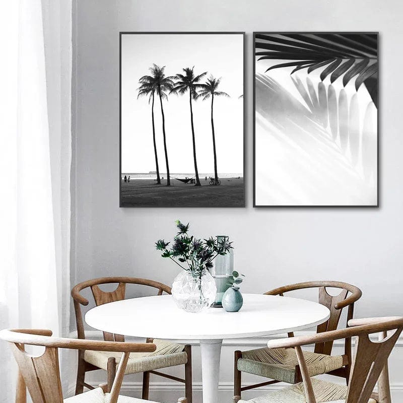 Black and White Wall Art Seascape Canvas Print Poster Beach Girl Surfboard Painting Landscape Tropical Palm Picture Home Decor