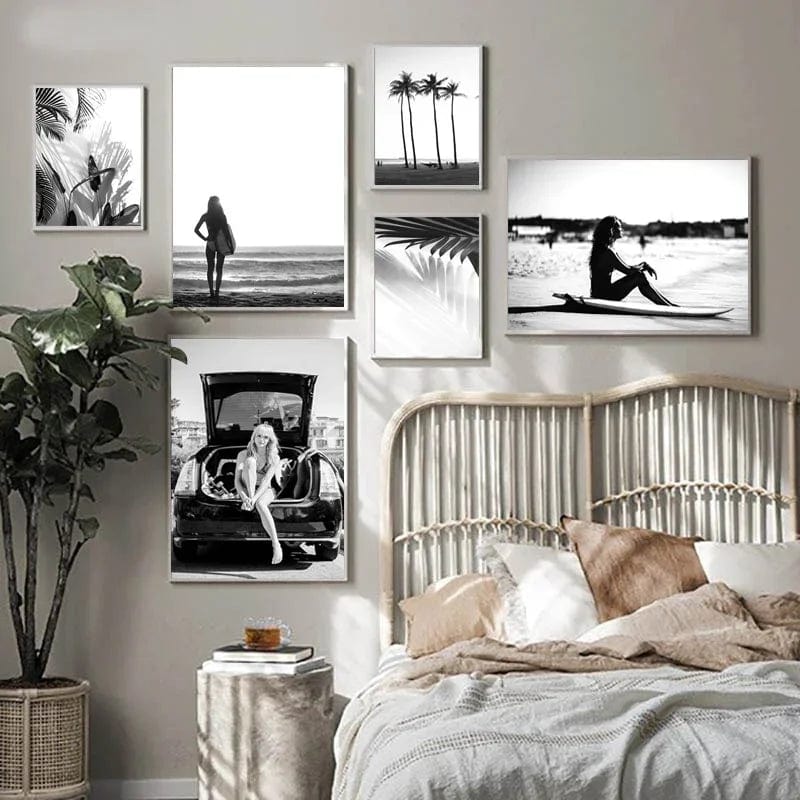 Black and White Wall Art Seascape Canvas Print Poster Beach Girl Surfboard Painting Landscape Tropical Palm Picture Home Decor