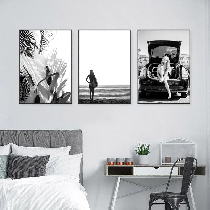 Black and White Wall Art Seascape Canvas Print Poster Beach Girl Surfboard Painting Landscape Tropical Palm Picture Home Decor