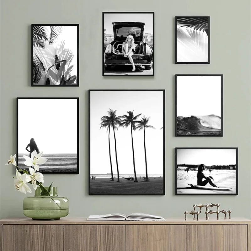 Black and White Wall Art Seascape Canvas Print Poster Beach Girl Surfboard Painting Landscape Tropical Palm Picture Home Decor