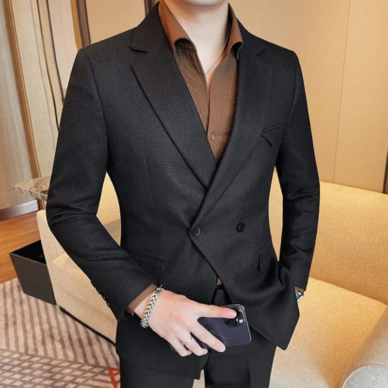 black / Asia 4XL 82-90KG 2024 Spring Unique Tailoring Blazer Jacket Men Double Breasted Buckle Casual Business Blazer Social Banquet Party Formal Coat