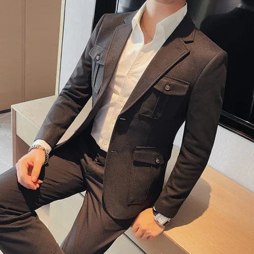 black / Asia M(165cm-50kg) Men's Woolen Cloth Suit Jackets Slim Fit High Quality Pocket Decoration Blazer