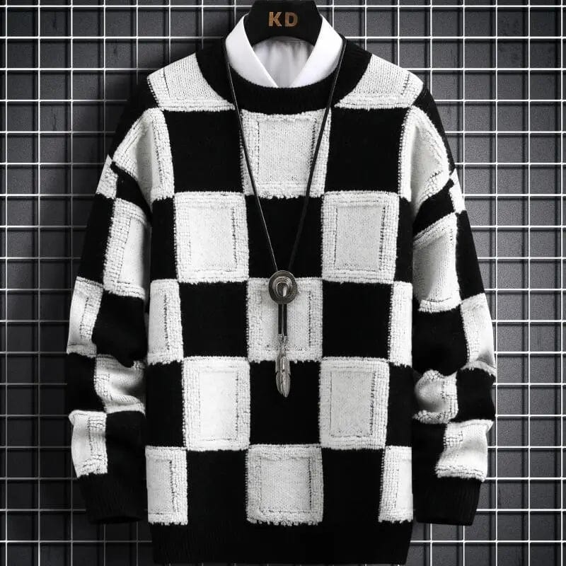 Black / Asia M(165cm-50kg) New Fall Winter Korean Style Mens Pullovers Sweaters High Quality Thick Warm Cashmere Sweater Men Luxury Plaid Pull Homme 2023