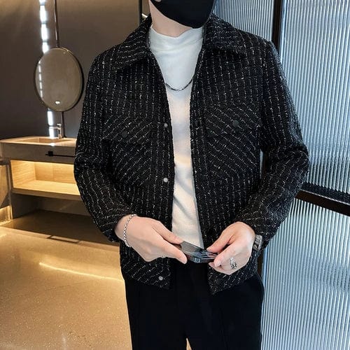 black / Asia M(165cm-50kg) Plaid Pattern Jacket Coat Lapel Slim Casual Mens Coats Fashion Slim Fit Man Jackets Spring Male Jacket Jaqueta Motoqueiro 3XL-M