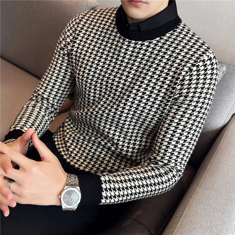 black / Asia S 47-51kg 2023 Brand Clothing Men Winter Thermal Knitting Sweater/Male Slim Fit High Quality Shirt Collar Fake two Piece Pullover Sweatres