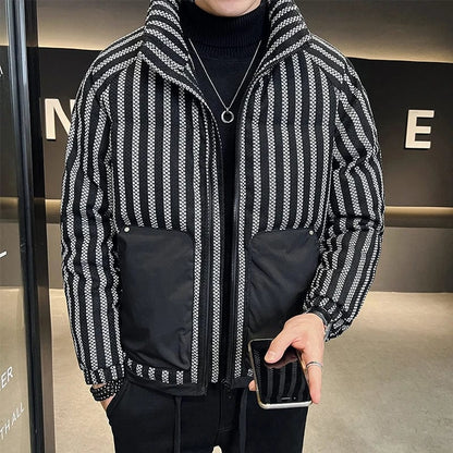 Black / Asia S 47-51kg Winter Zipper Down Coat Jacket for Men with Vertical Stripe and Pockets Detailing