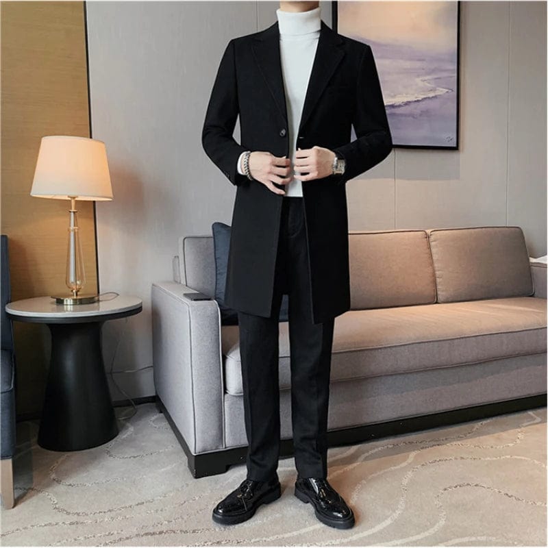 Black / Asia XL 64-69kg Suit Collar Medium - Length Woolen Coat/ High Quality Men's New Autumn Winter Solid Color Slim Fit Business Casual Warm Overcoat