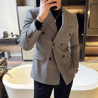 Black / Asian M 50-58KG / CHINA British Style Men Double Breasted Slim Fit Blazer 2023 New Houndstooth Slim Fit Suit Jacket Formal Business Wedding Dress Jacket