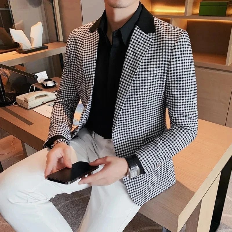 black / Asian XL is Eur M Men Spring High Quality Plaid Business Suit Jackets/Male Slim Fit Luxury Office Tuxedo/Man Brand Clothing Fashion Blazers 4XL-M