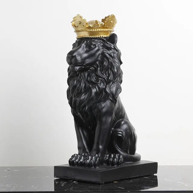 Black Gold Crown / 18x10cm Nordic Resin Lion Sculpture with Crown - Majestic Animal Figurine Statue