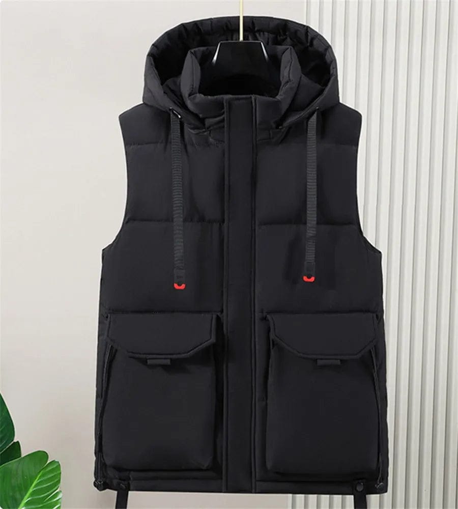 black / L (50-60kg) Black Men's Cargo Vest Winter Warm Sleeveless Jacket Padded Detachable Hooded Waistcoat Men Clothes Male Loose Coat Work Wear