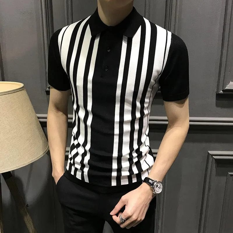 black / L (55-63KG) Summer New Youth Trend Men Striped Polo Shirt Short Sleeve Business Casual Lapel Korean Streetwear Fashion Slim Versatile Tops