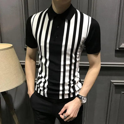 black / L (55-63KG) Summer New Youth Trend Men Striped Polo Shirt Short Sleeve Business Casual Lapel Korean Streetwear Fashion Slim Versatile Tops