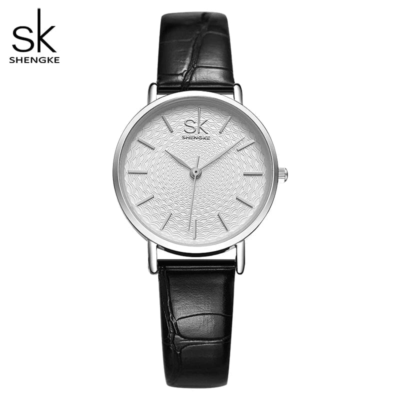 Black Leather Women's Luxury Super Slim Sliver Mesh Stainless Steel Watches