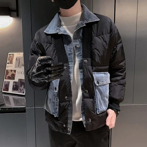 Black / M 2023 Autumn Winter Jackets Men Fashion Denim Patchwork Warm Puffer Parkas Korean Fake Two Piece Cotton Jacket men clothing