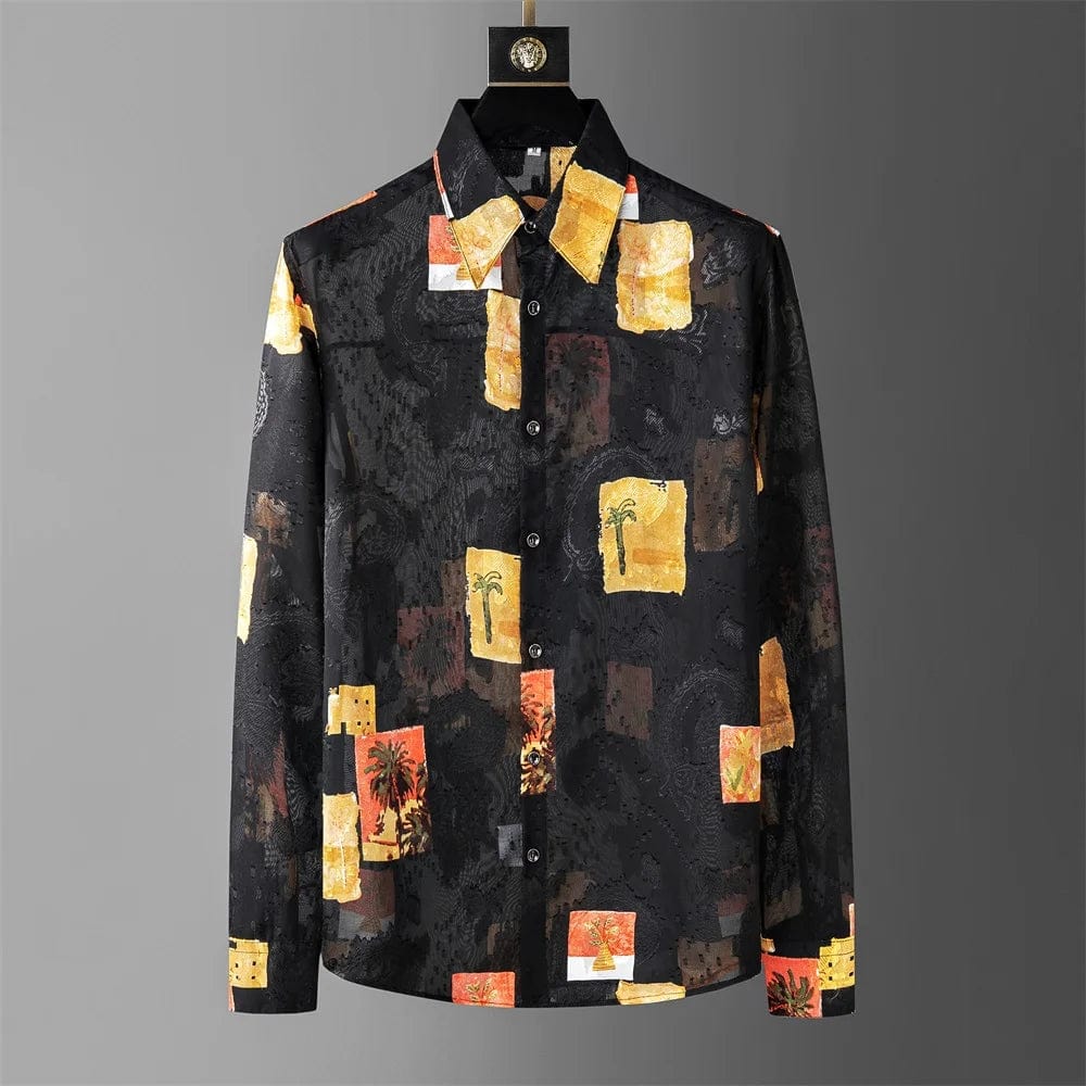 black / M Brand Autumn Retro Printed Shirt for Men Fashion Loose Casual Shirts Fashion Oversized Streetwear Social Party Nightclub Blouse