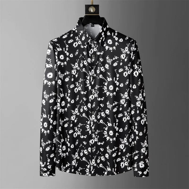 black / M Brand Flower Print Shirt Men's 2024 Spring Long Sleeved Slim Casual Business Dress Shirts Social Party Streetwear Tuxedo Blouse