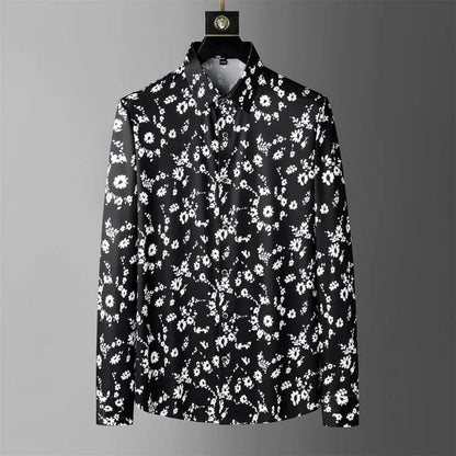 black / M Brand Flower Print Shirt Men's 2024 Spring Long Sleeved Slim Casual Business Dress Shirts Social Party Streetwear Tuxedo Blouse