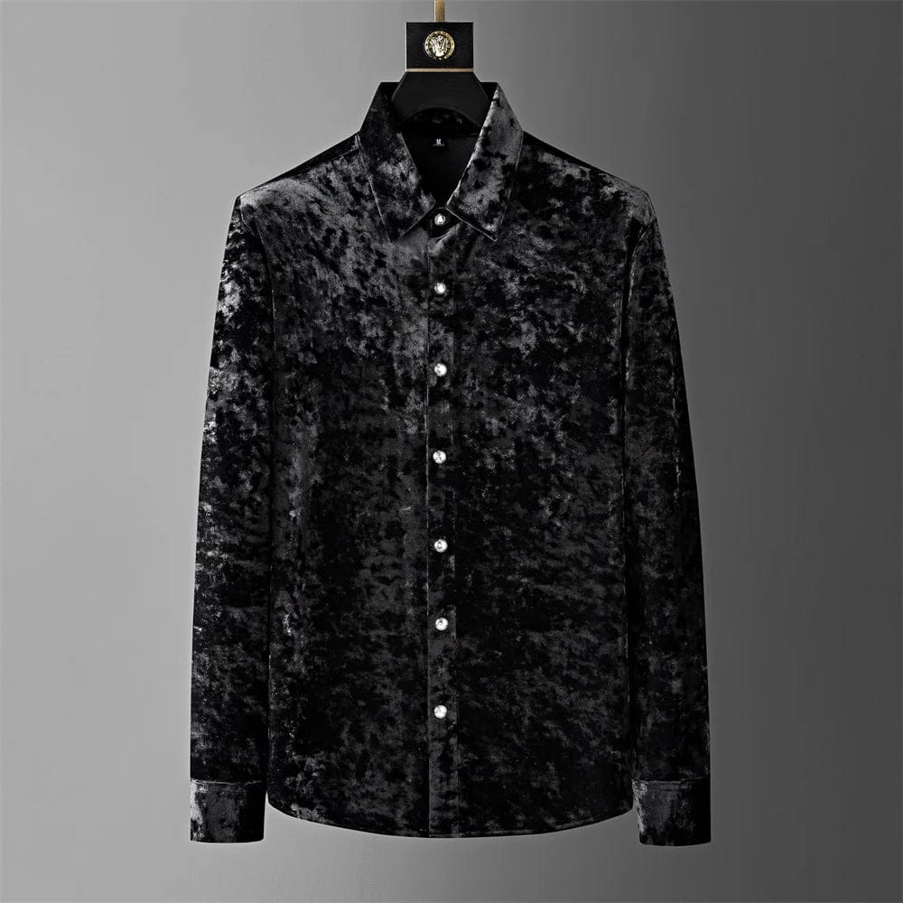 black / M Luxury Velvet Men's Long Sleeve Casual Business Formal Dress Vintage Shirt