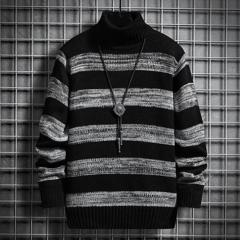 black / M New Turtleneck Sweater Pullover Men Fashion Striped Knitted Slim Fit Knittwear Sweater Mens Casual Sweaters Winter Pullovers