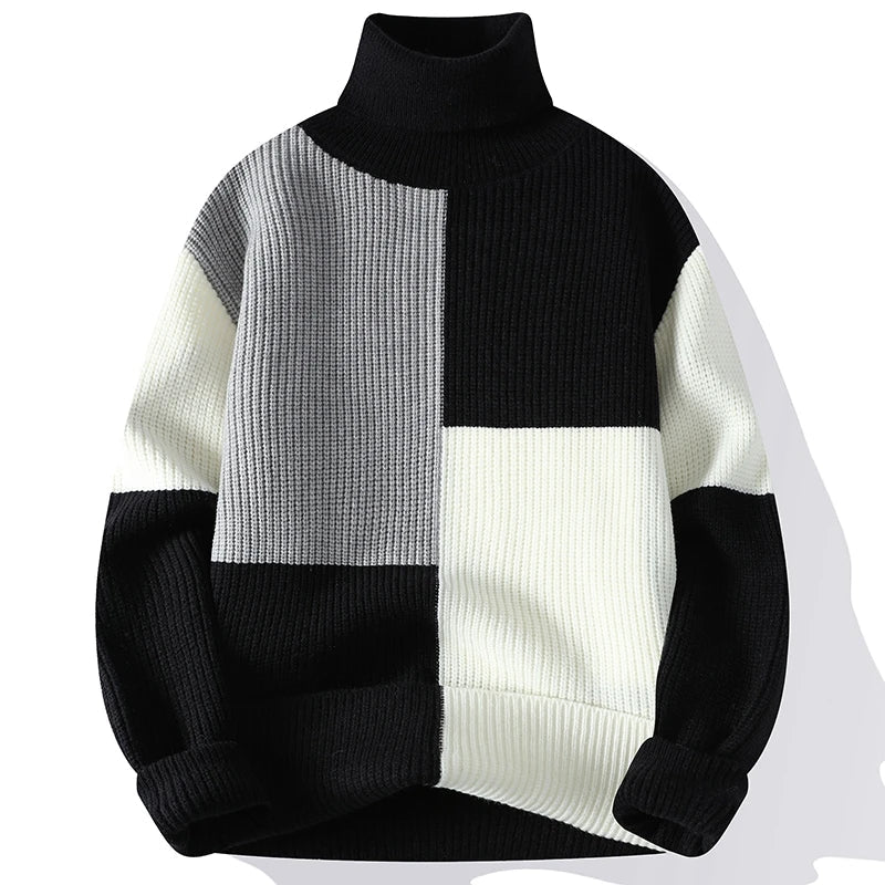 black / M Turtleneck Patchwork Sweater: Knitted Men's Pullover Warm Casual Knit