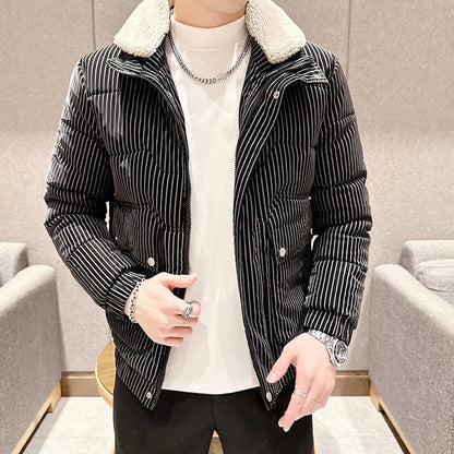 black / M Warm Striped Men's Puffer Jacket - Stand Collar Smart Casual Coat