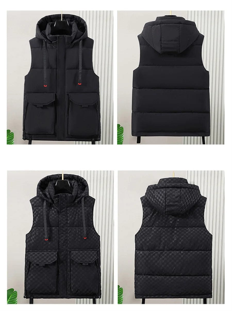 Black Men's Cargo Vest with Detachable Hood Winter Warmth Padded Jacket