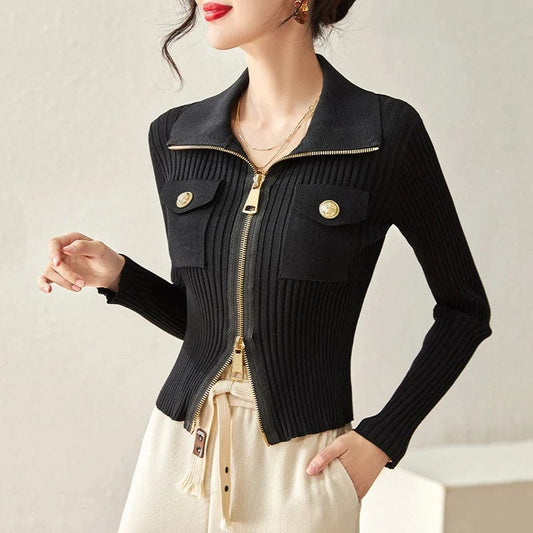 Black / One Size Women's Fashion Knitted Cardigan Sweater – Slim Fit Casual Zipper Jacket