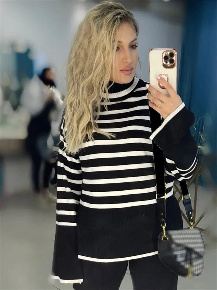 Black / S Black And White Stripe Sweater Streetwear Loose Tops Women Pullover Female Jumper Long Sleeve Turtleneck Knitted Ribbed Sweaters