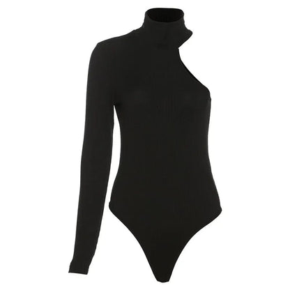 Black / S Elegance Redefined: One Shoulder Knitted Bodysuit with Turtleneck - Chic Black Ladies Skinny Bodysuit