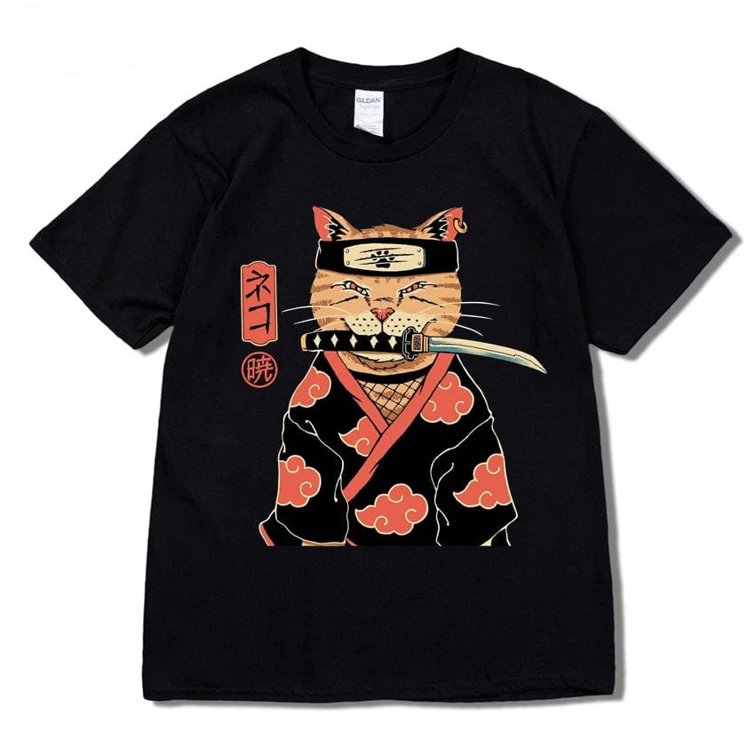 Black / S Hip Hop Streetwear Japanese Kanji Harajuku Funny Warrior Cat T-Shirt Summer Short Sleeve Tops Tees Cotton Print Loose Tshirt