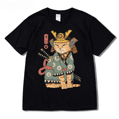 Black / S Men Hip Hop T Shirt Streetwear Japanese Kanji Harajuku Funny Warrior Cat T-Shirt Summer Short Sleeve Tee Cotton Print Swag shirt