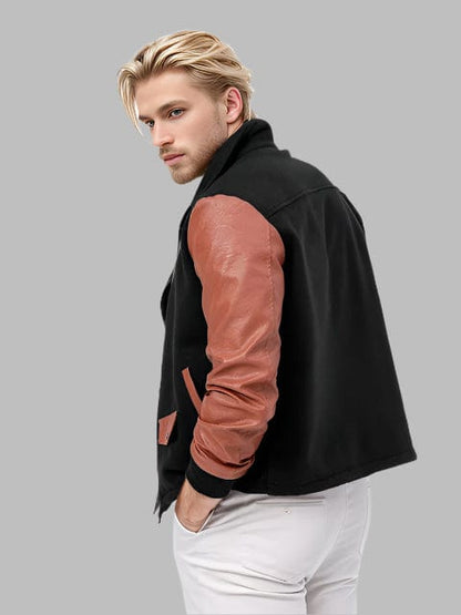 Black / S Men's Color-Block PU Leather Zipper Lapel Jacket