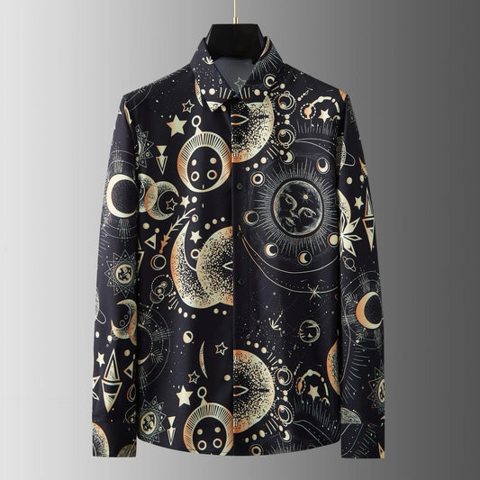 Black / S Men's Retro Print Long Sleeve Shirt: Luxury Slim Fit, Business, Formal Dress, Party, Banquet Tuxedo