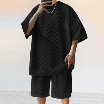 black / S Men's Sports Suit Summer New Korean High Street Jacquard Plaid T-shirt Shorts Two-piece Set Male Casual Retro Loose O-neck Top