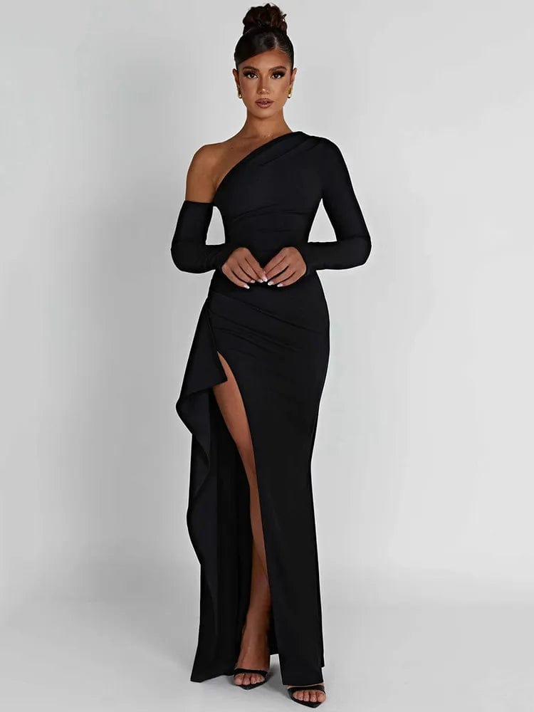 Black / S Seductive Elegance: Thigh-High Split Maxi Dress with Oblique Shoulder, Long Sleeves, and Backless Design for Sexy Club Party Looks