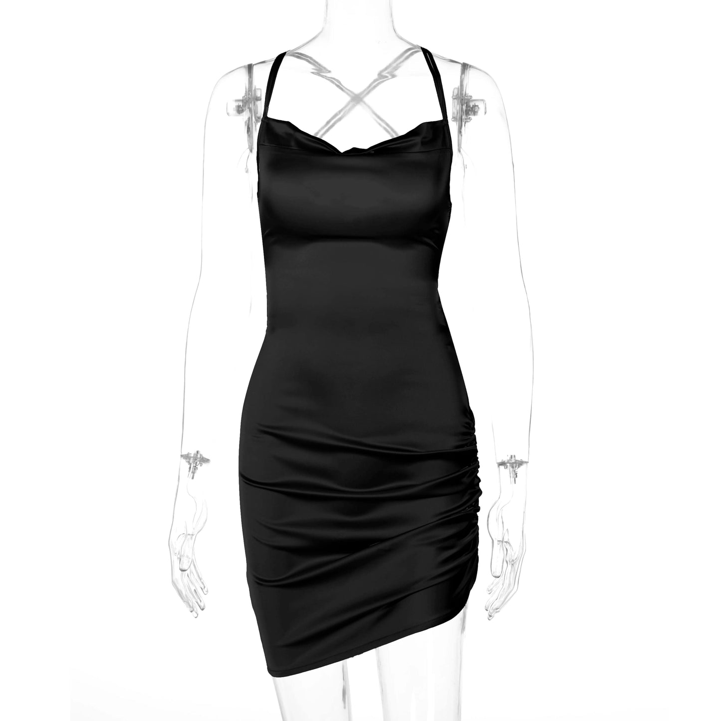 Black / S Sultry Elegance: Dulzura Satin Mini Dress with Ruched Lace-Up Cross Bandage, Backless Bodycon