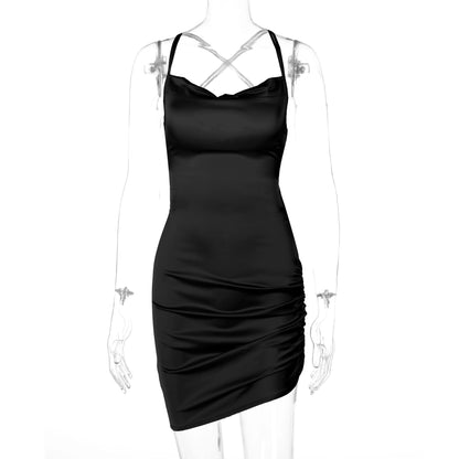 Black / S Sultry Elegance: Dulzura Satin Mini Dress with Ruched Lace-Up Cross Bandage, Backless Bodycon