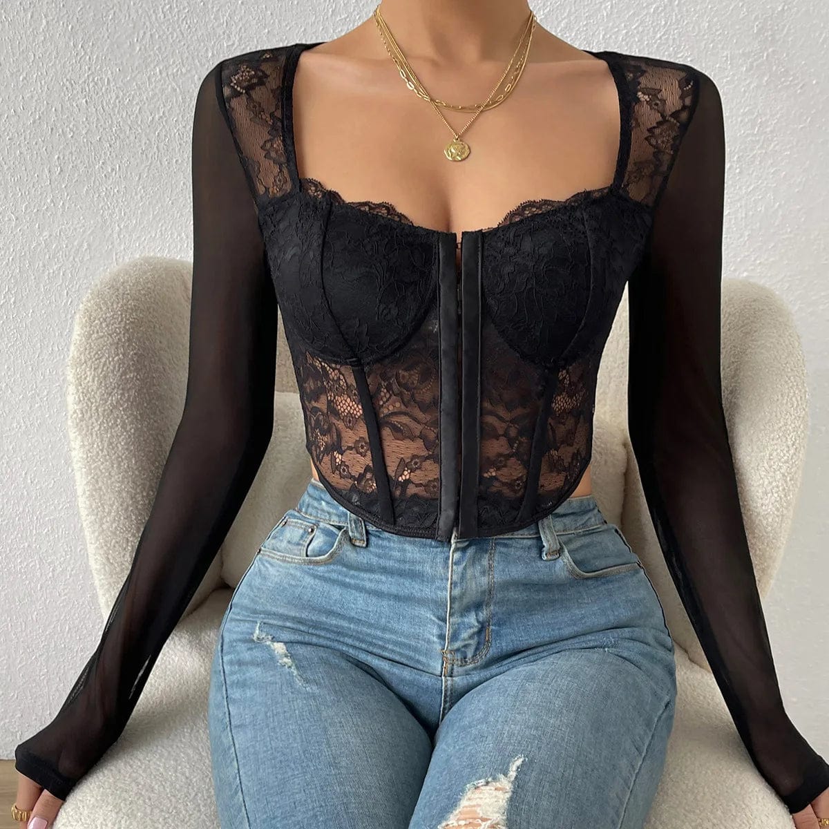 Black / S Vemina Selection of Autumn Backless Sexy Lace Long Sleeve Women Blouse,Black Embroidery Floral Bare Shoulder Bodycon Crop Top
