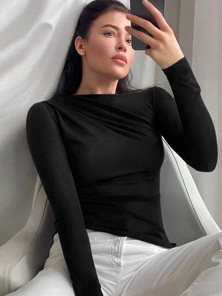 black / S White Top Sexy Skinny Ruched Spring Long Sleeve Black T-shirts Women Knitted Pullover Basic Tees Clothes Cropped Tops Streetwear
