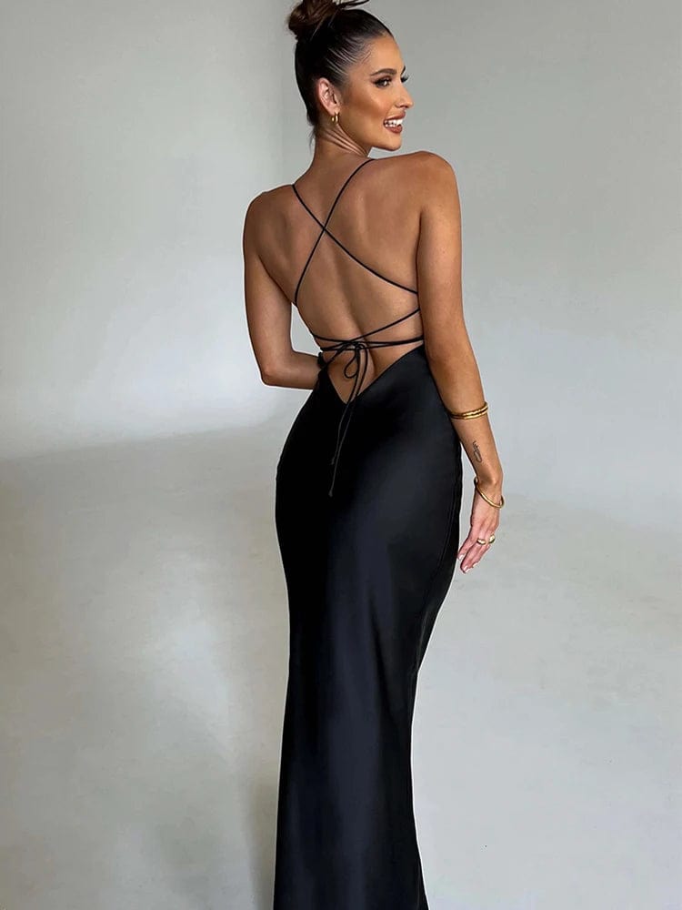 Black / S Women's Satin Backless Lace-Up Mermaid Slip Dress: Sexy Sweetheart Neck Slim Bodycon Elegant Silk Gown for Parties