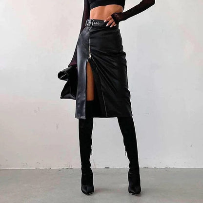 black / S wsevypo Black PU Leather High Waist Pencil Skirts Vintage Grunge Women Streetwear Zipper High Split Bodycon Midi Skirt with Belt