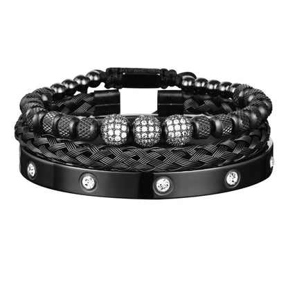Black Set 3pcs Luxury Micro Pave CZ Round Beads Royal Charm Men Bracelets Stainless Steel Crystals Bangles Couple Handmade Jewelry Gift