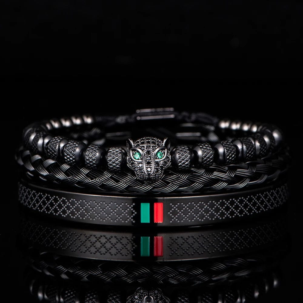 Black Set A Handcrafted Luxury Braided Stainless Steel Bracelet for Men - CZ Leopard Head with Green and Red Enamel Accents